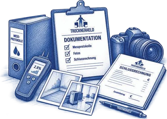Skizze: Dokumentationsmappe mit Messprotokollen, Fotos und Schlussrechnung
